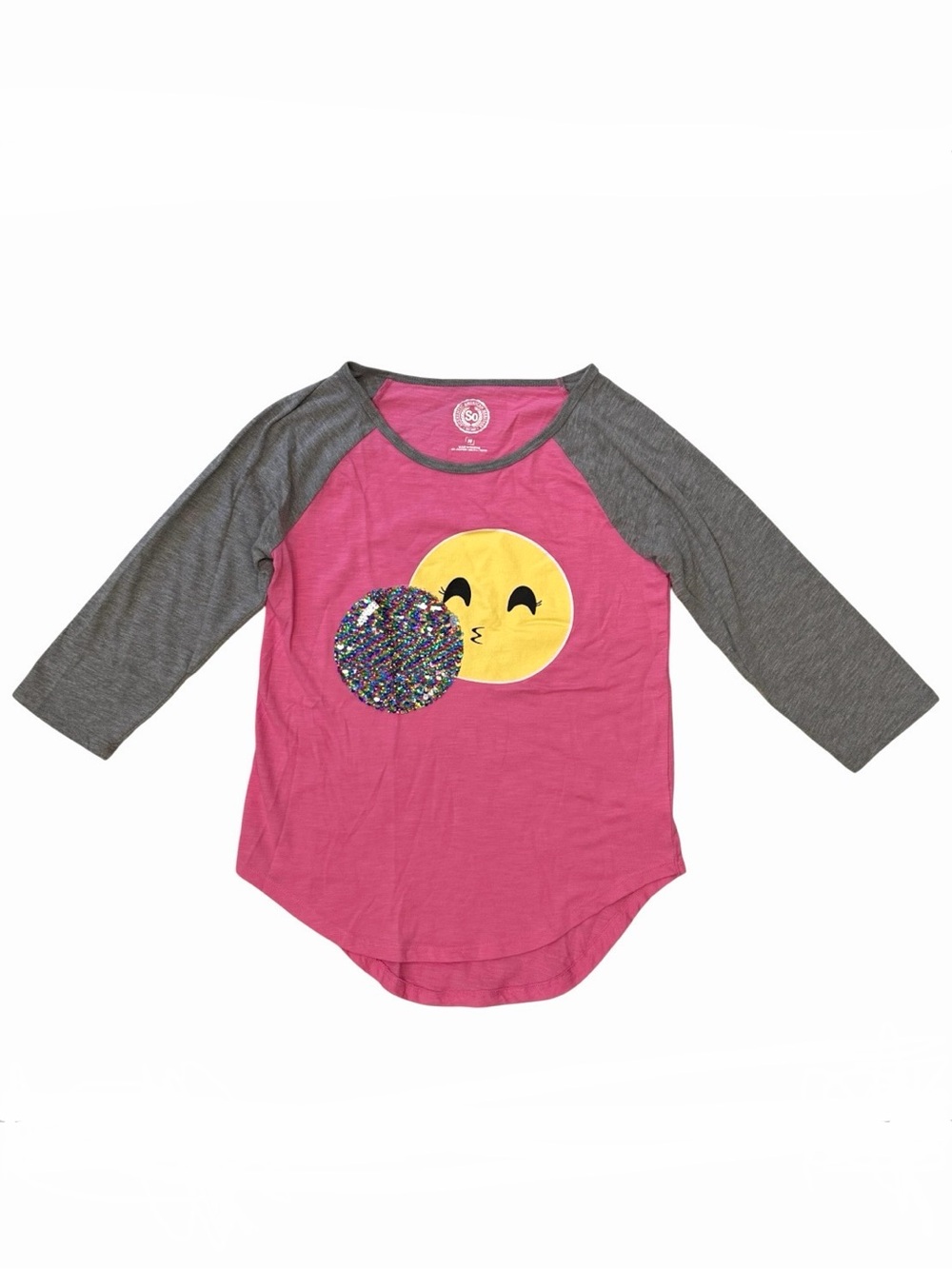 SO Girls 14 Raglan T-Shirt Pink Gray 3/4 Sleeve Flip Sequin Emoji Graphic